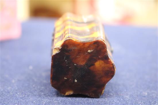 Two tortoiseshell etuis, a tortoiseshell case, a 19th century walnut snuff box and and enamel porcelain etui